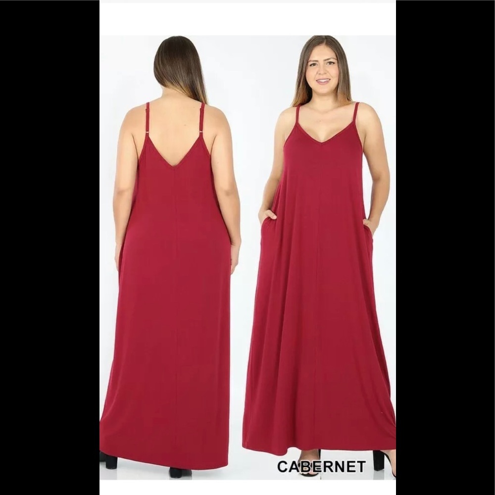 PlusV Neck Maxi W/Pockets Dress Cabernet Various - Picture 3 of 8